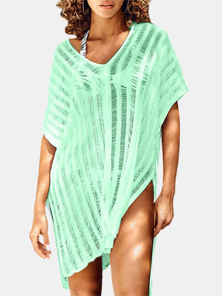 Kobiety V-neck Crochet Hollow Out Solid Color Sun Protection Cover Ups