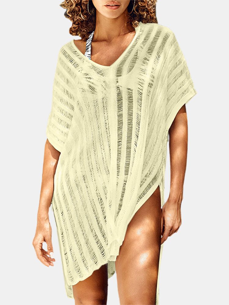 Kobiety V-neck Crochet Hollow Out Solid Color Sun Protection Cover Ups