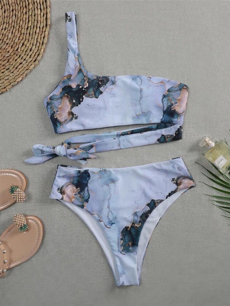 Kontrastowy Kolor Tie Dye Drukuj Jedno Ramię Wiązane Bikini Z Wysokim Stanem Dla Kobiet