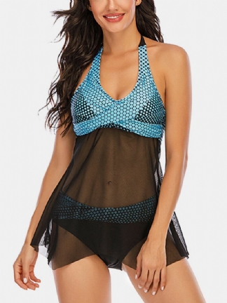 Plus Size Damskie Mesh See Through Polka Dot Print Wireless Halter Swimsuit Swimwear