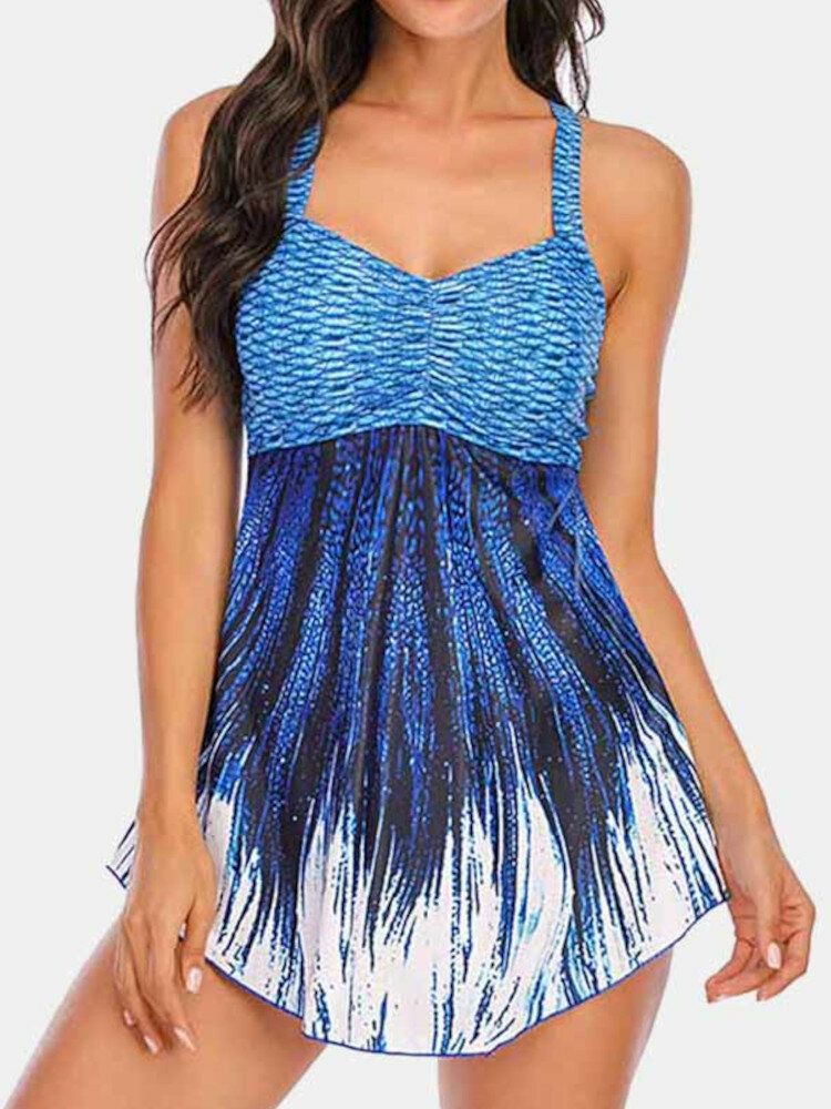 Plus Size Damskie Ombre Wave Print Backless Cover Belly Swimdress Kostiumy Kąpielowe