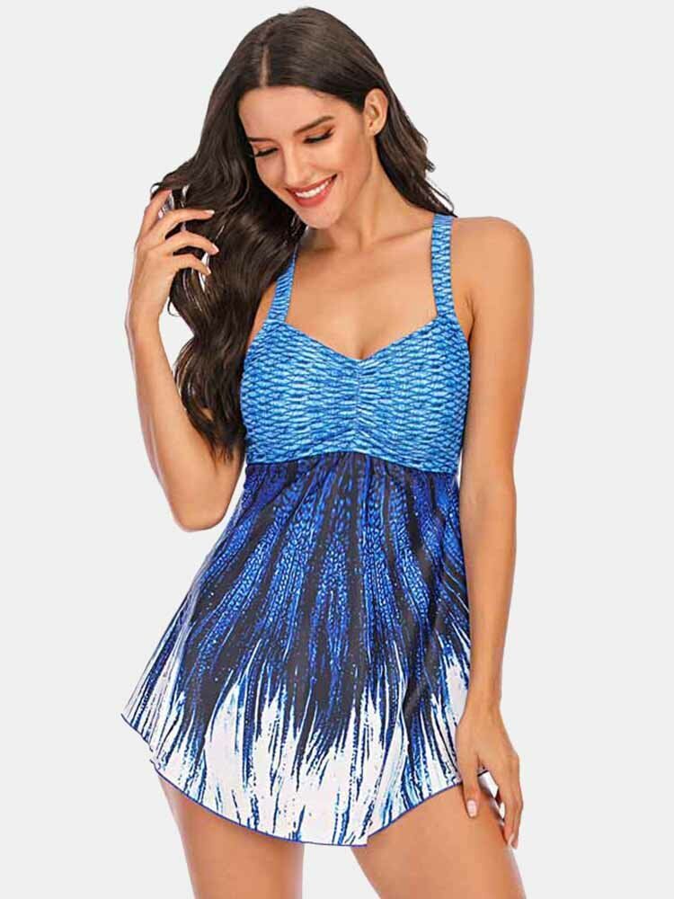 Plus Size Damskie Ombre Wave Print Backless Cover Belly Swimdress Kostiumy Kąpielowe