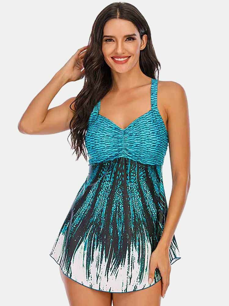 Plus Size Damskie Ombre Wave Print Backless Cover Belly Swimdress Kostiumy Kąpielowe