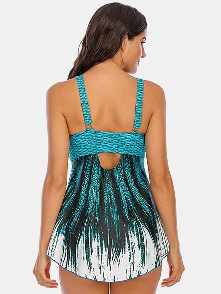 Plus Size Damskie Ombre Wave Print Backless Cover Belly Swimdress Kostiumy Kąpielowe