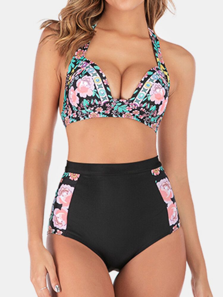 Plus Size Kobiety Floeal Print Patchwork Wysoka Talia Bikini Stroje Kąpielowe Bez Pleców