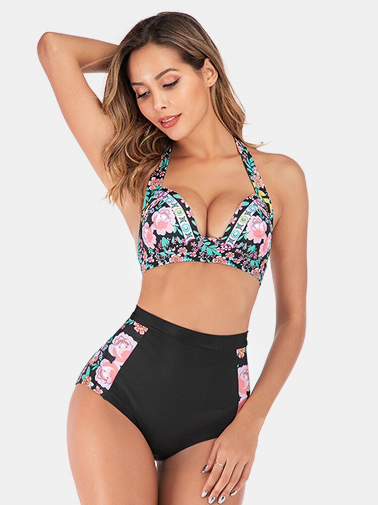 Plus Size Kobiety Floeal Print Patchwork Wysoka Talia Bikini Stroje Kąpielowe Bez Pleców