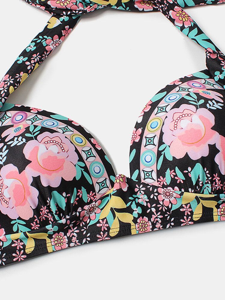 Plus Size Kobiety Floeal Print Patchwork Wysoka Talia Bikini Stroje Kąpielowe Bez Pleców