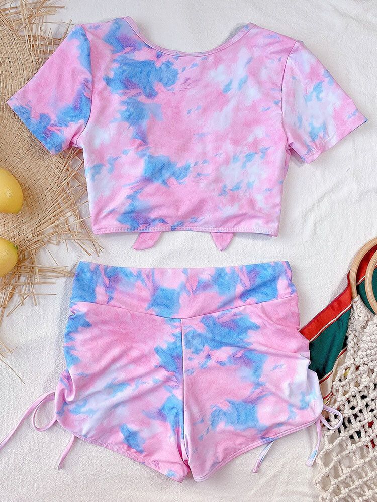 Tie Dye Krótki Rękaw Wiązane Top Side Sznurek Szorty Wakacje Casual Wysoka Talia Kobiety Bikini