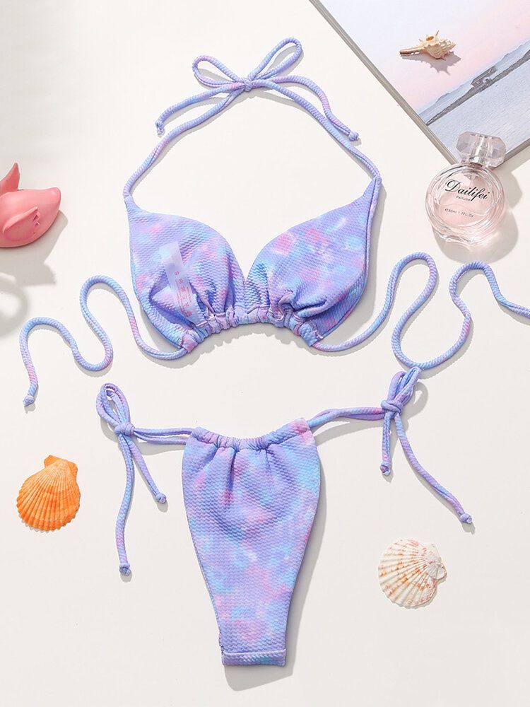 Tie Dye Print Halter Wiązane Bikini Plażowe Z Odkrytymi Plecami Kobiety Stroje Kąpielowe