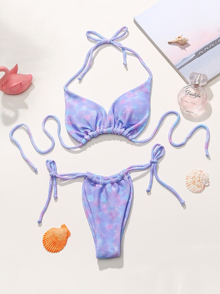 Tie Dye Print Halter Wiązane Bikini Plażowe Z Odkrytymi Plecami Kobiety Stroje Kąpielowe