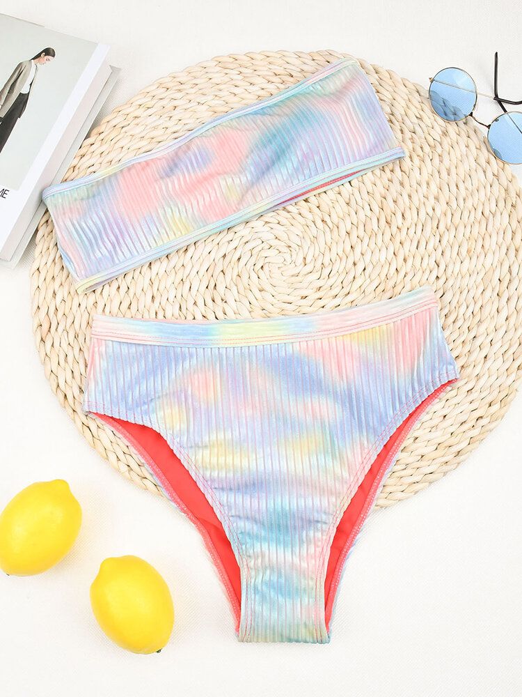 Tie Dye Print Prążkowane Bezprzewodowe Bikini Bandeau Z Wysokim Stanem