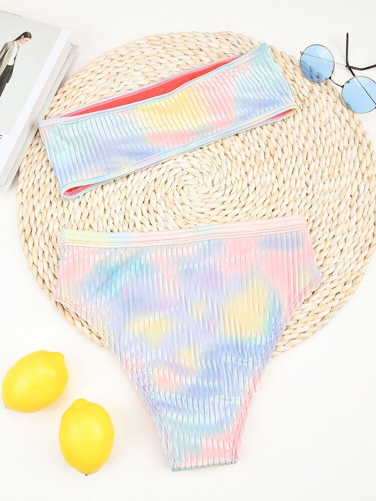 Tie Dye Print Prążkowane Bezprzewodowe Bikini Bandeau Z Wysokim Stanem