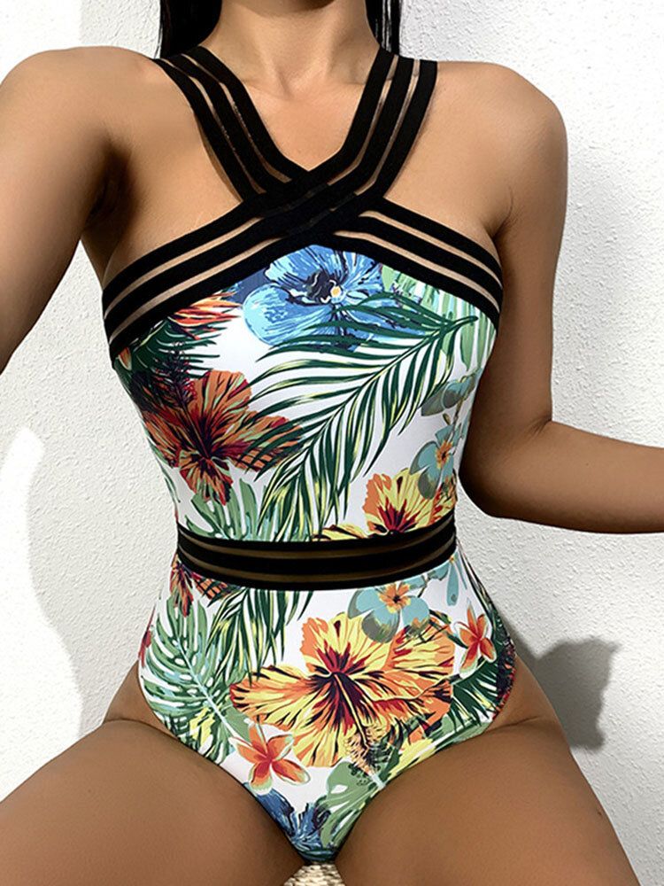 Tropikalne Rośliny Print Striped Mesh Odchudzanie One Piece Damskie Hawaii Swimsuit