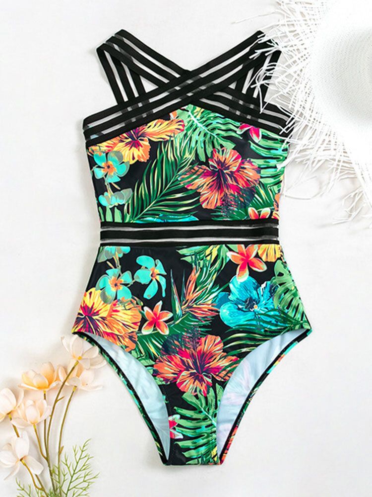 Tropikalne Rośliny Print Striped Mesh Odchudzanie One Piece Damskie Hawaii Swimsuit