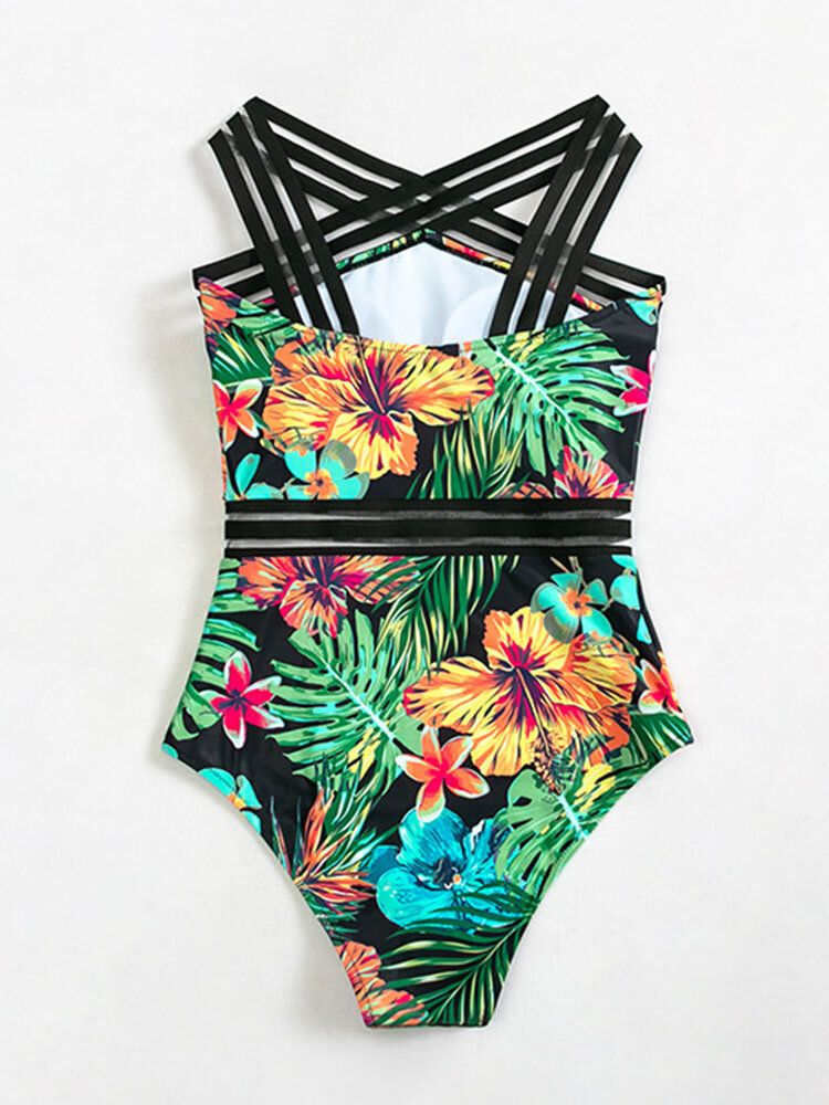 Tropikalne Rośliny Print Striped Mesh Odchudzanie One Piece Damskie Hawaii Swimsuit