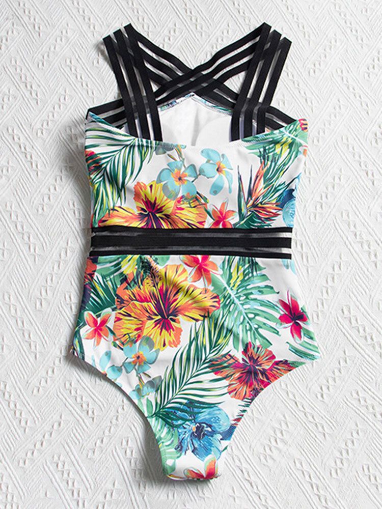 Tropikalne Rośliny Print Striped Mesh Odchudzanie One Piece Damskie Hawaii Swimsuit