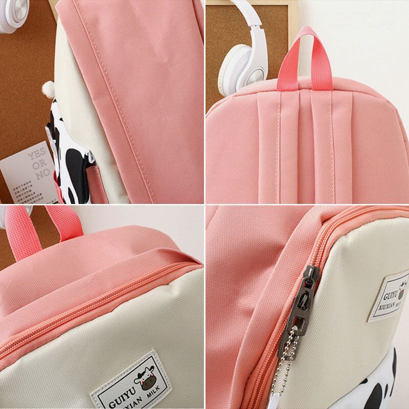 5 Szt Płótno Preppy Wzór Krowy Wielofunkcyjna Torba Kombinowana Plecak Tote Crossbody Torba Portfel Sprzęgła