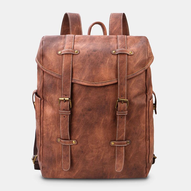 Ekphero Mężczyźni Vintage Business Outdoor Duża Pojemność Szkoła College Bookbag Pu Skóra Kontrast Kolor 14 Cal Torba Na Laptopa