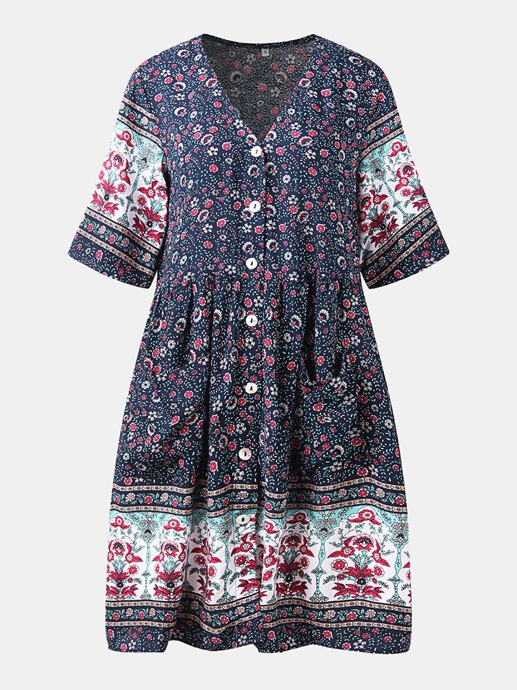 Boho Floral Etniczna Sukienka Z Dekoltem W Szpic Z Krótkim Rękawem I Nadrukiem