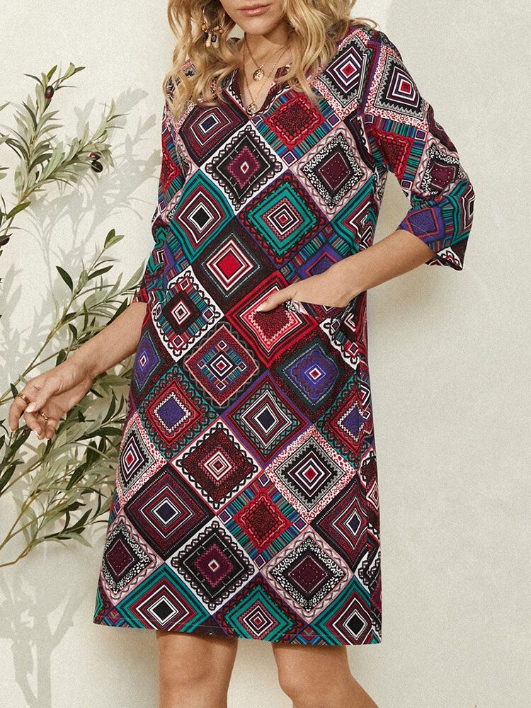 Kobiety Etniczny Geometryczny Nadruk 3/4 Rękawa Vintage Casual Dress Z Kieszenią