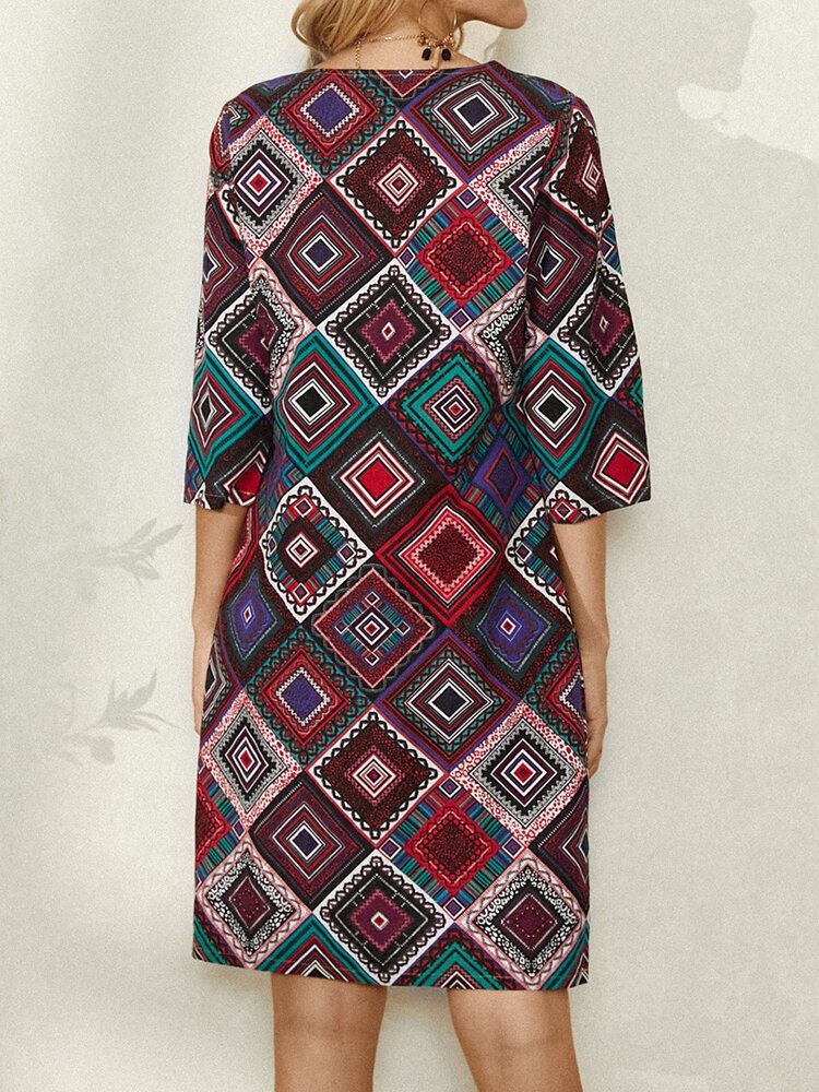 Kobiety Etniczny Geometryczny Nadruk 3/4 Rękawa Vintage Casual Dress Z Kieszenią