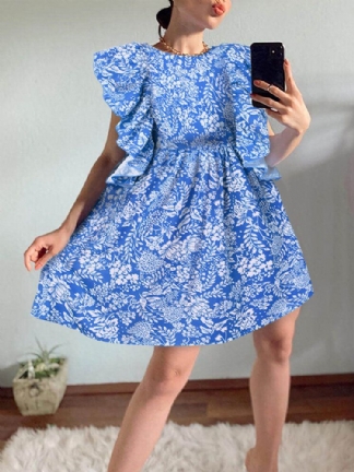 Kobiety Floral Print Wzburzyć Wykończenia Bez Rękawów Casual Codzienna Mini Sukienka Dla Lalek