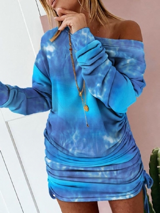 Kobiety Tie-dye Print Off Shoulder Sznurek Sukienka Z Długim Rękawem