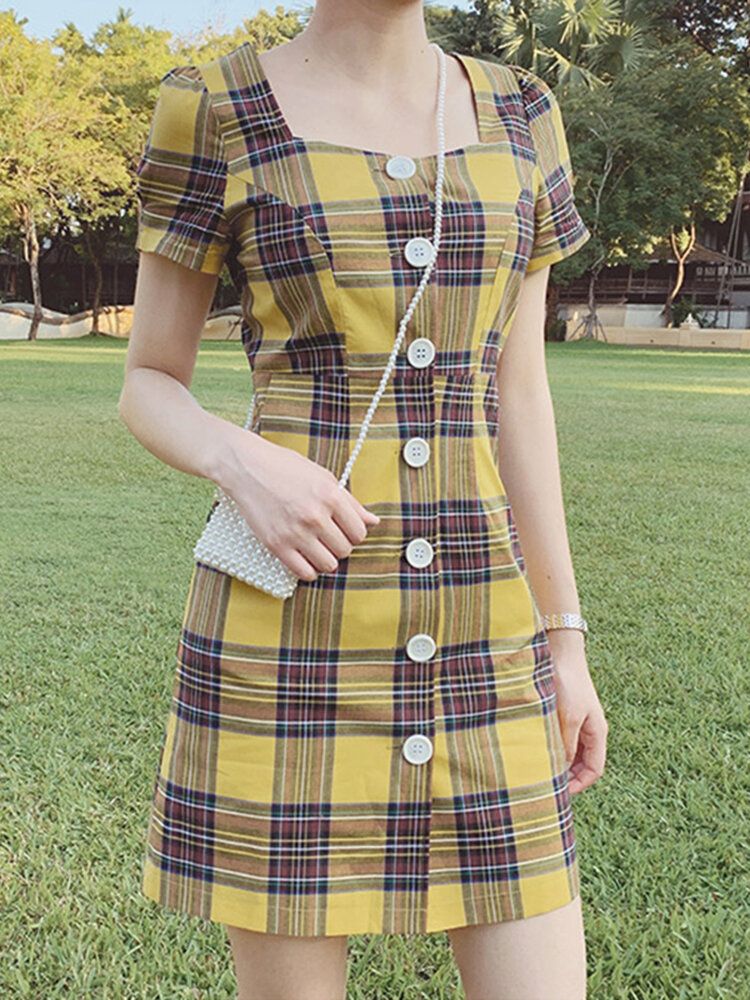 Plaid Square Neck Streetwear Holiday Damskie Dress