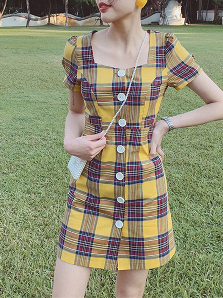 Plaid Square Neck Streetwear Holiday Damskie Dress