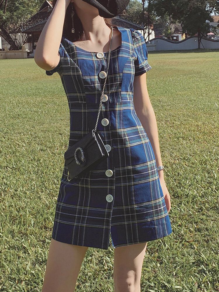 Plaid Square Neck Streetwear Holiday Damskie Dress