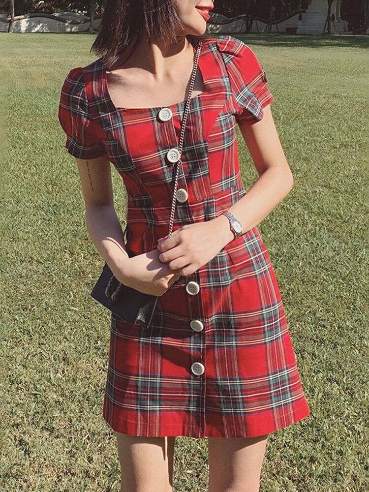 Plaid Square Neck Streetwear Holiday Damskie Dress