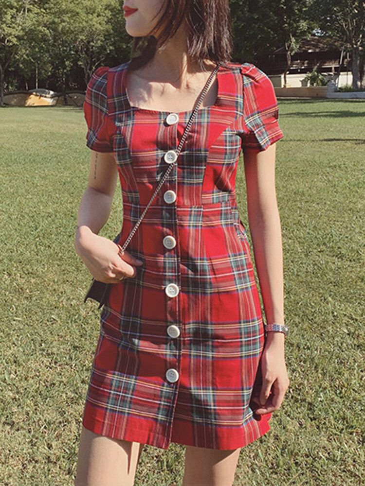 Plaid Square Neck Streetwear Holiday Damskie Dress