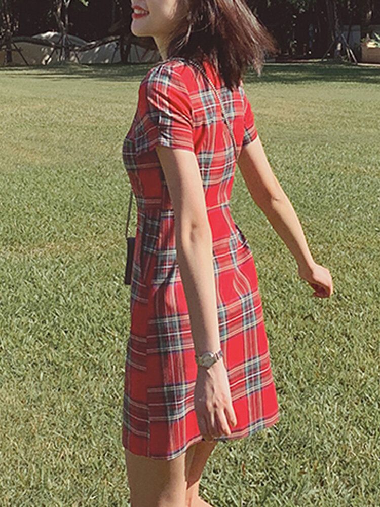 Plaid Square Neck Streetwear Holiday Damskie Dress