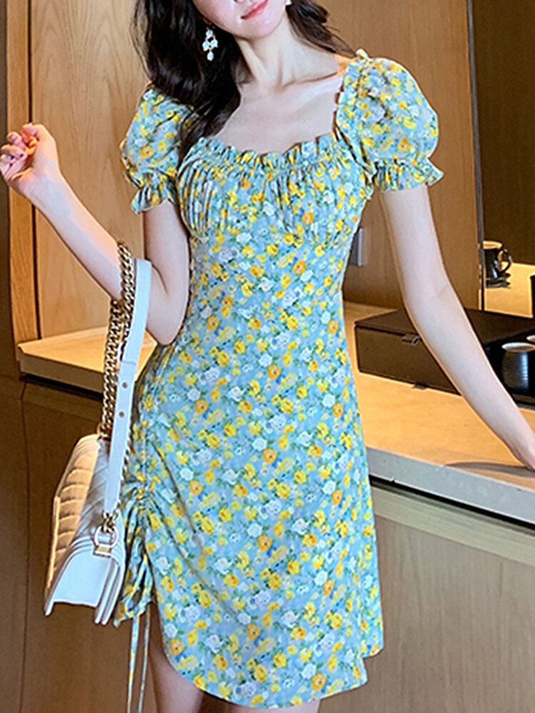 Puff Sleeve Floral Leisure Summer Holiday Casual Dress For Women