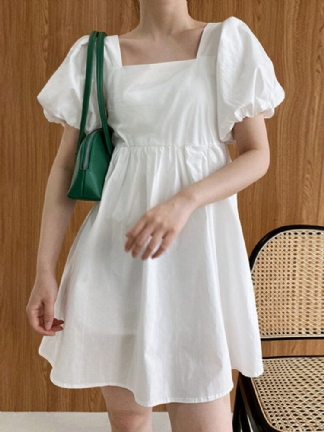 Puff Sleeve Square Collar Solid Short Princess Casual Dress For Women