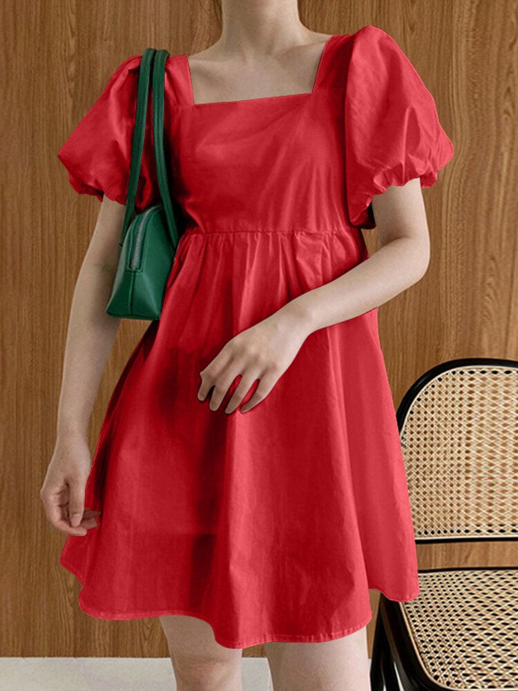 Puff Sleeve Square Collar Solid Short Princess Casual Dress For Women