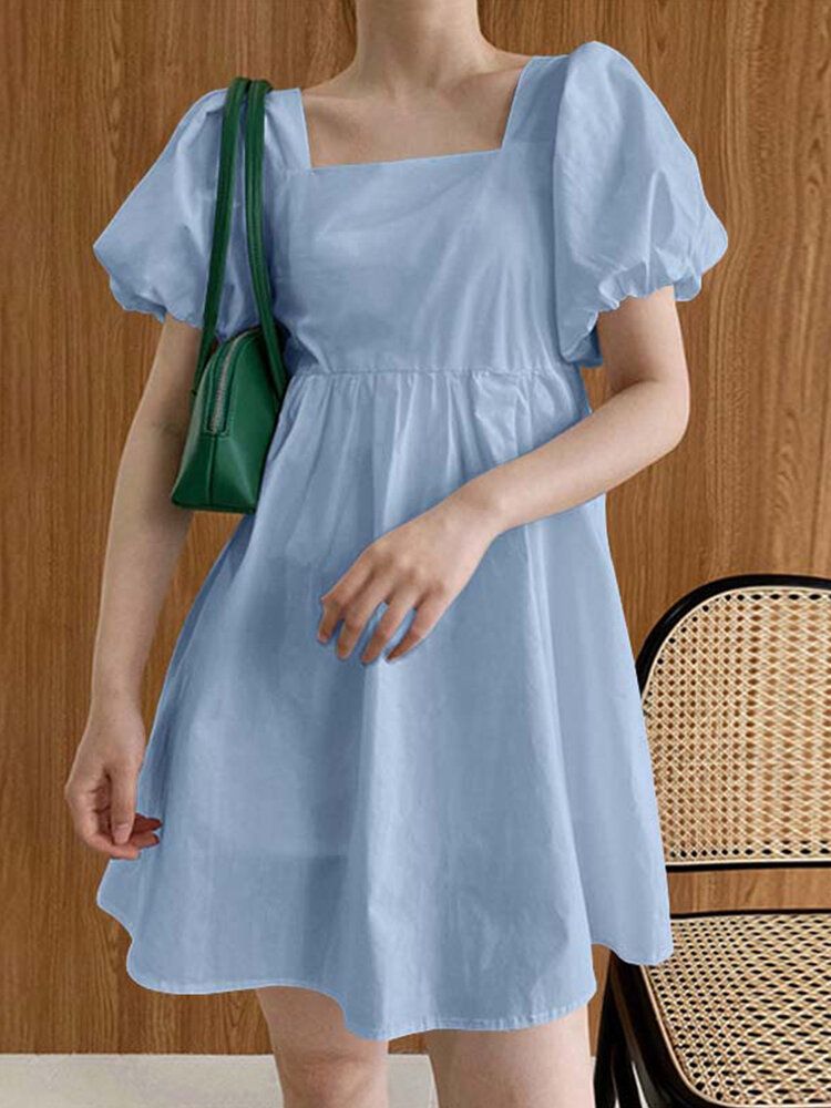 Puff Sleeve Square Collar Solid Short Princess Casual Dress For Women