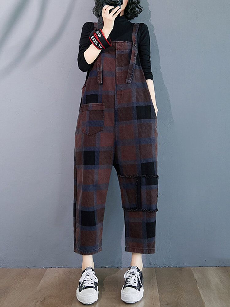 Plaid Print Demin Pockets Przyczynowy Kombinezon Harem Dla Kobiet