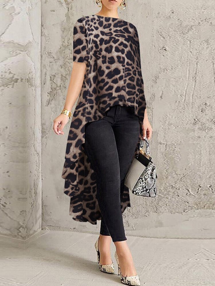 100% Poliester Leopard Print High Low Bluzka Dla Kobiet