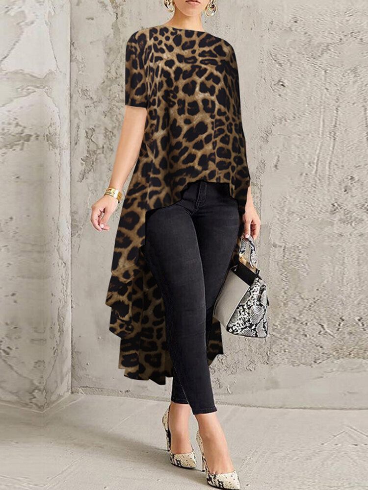 100% Poliester Leopard Print High Low Bluzka Dla Kobiet