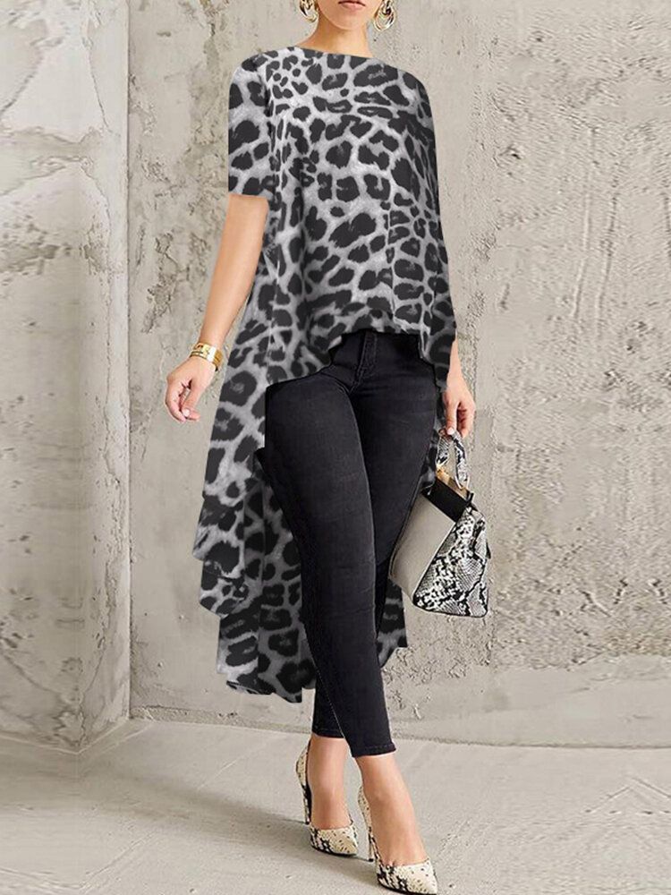 100% Poliester Leopard Print High Low Bluzka Dla Kobiet