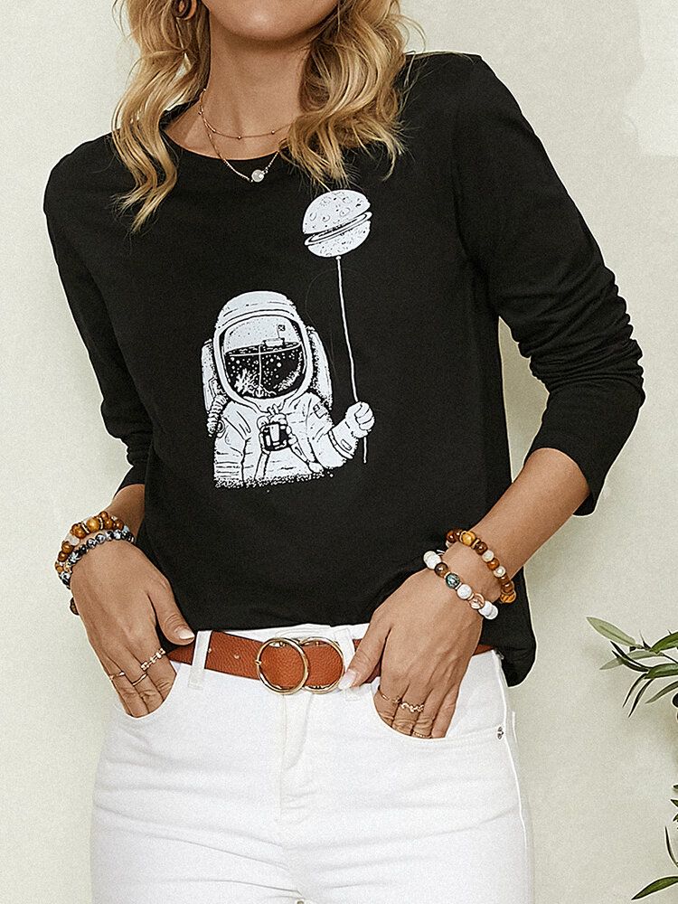 Cartoon Astronaut Print Z Długim Rękawem O-neck Prosta Bluzka Na Co Dzień Dla Kobiet