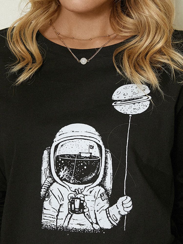 Cartoon Astronaut Print Z Długim Rękawem O-neck Prosta Bluzka Na Co Dzień Dla Kobiet