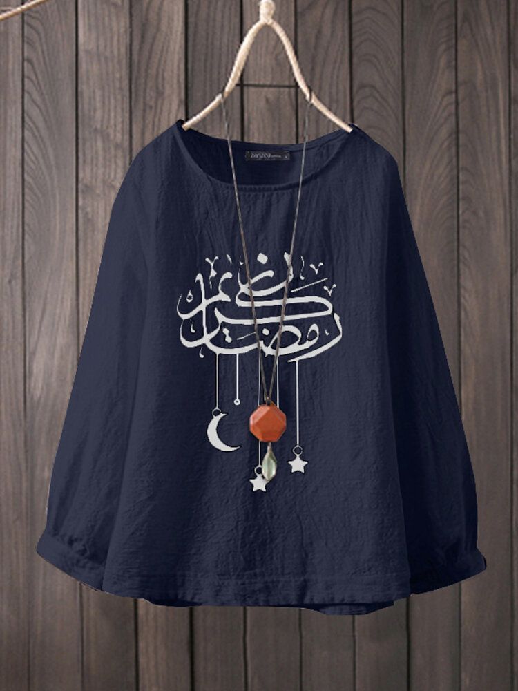 Casual Cartoon Print O-neck Z Długim Rękawem Ramadan Style Damska Bawełniana Bluzka