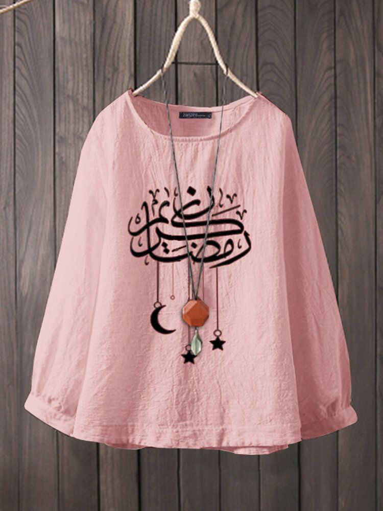 Casual Cartoon Print O-neck Z Długim Rękawem Ramadan Style Damska Bawełniana Bluzka