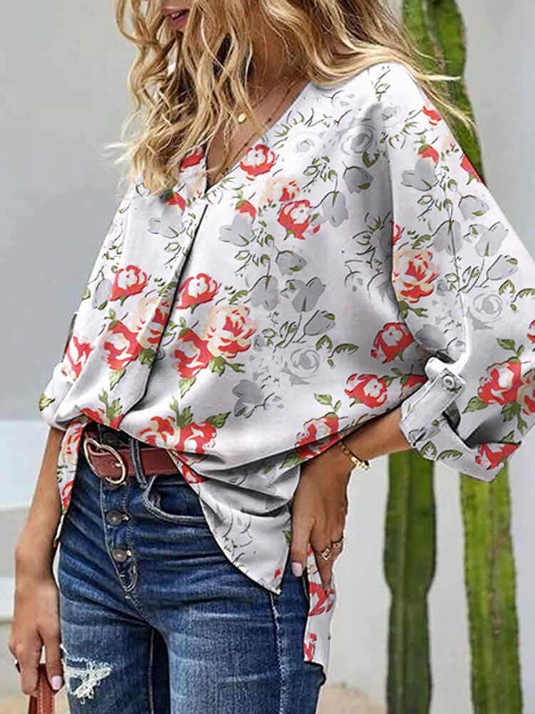 Kobiety Bohemian Floral Printed Mankiety Z Guzikami V-neck Regulowane Koszule Z Rękawami