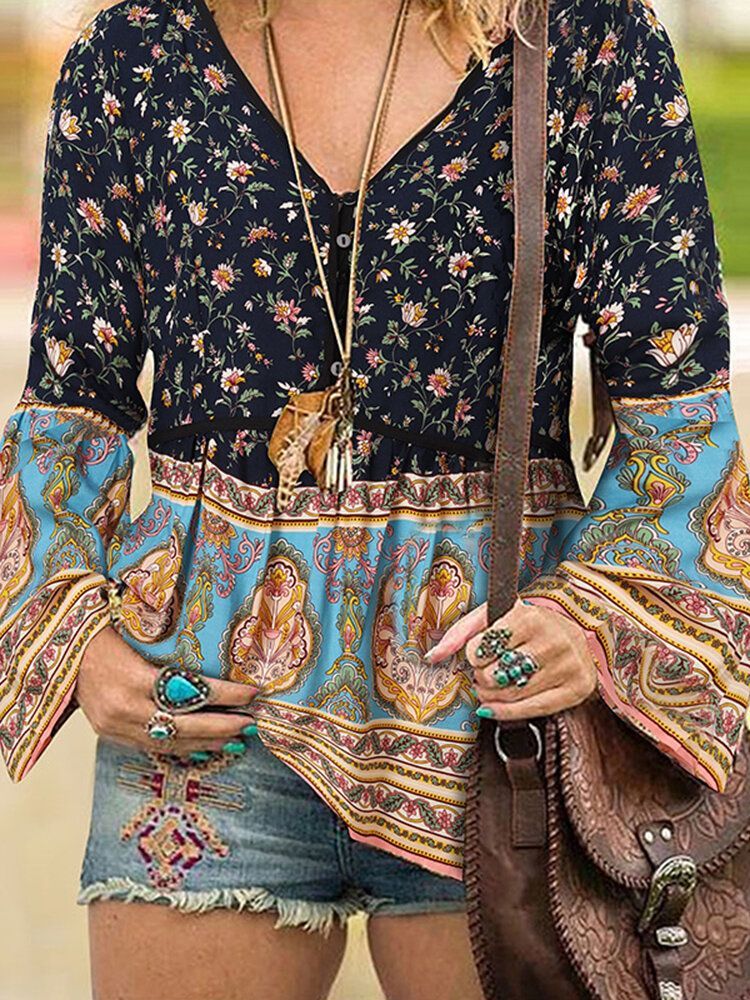 Kobiety Bohemian Retro Floral Print V-neck Kolano Długość Casual Bluzki