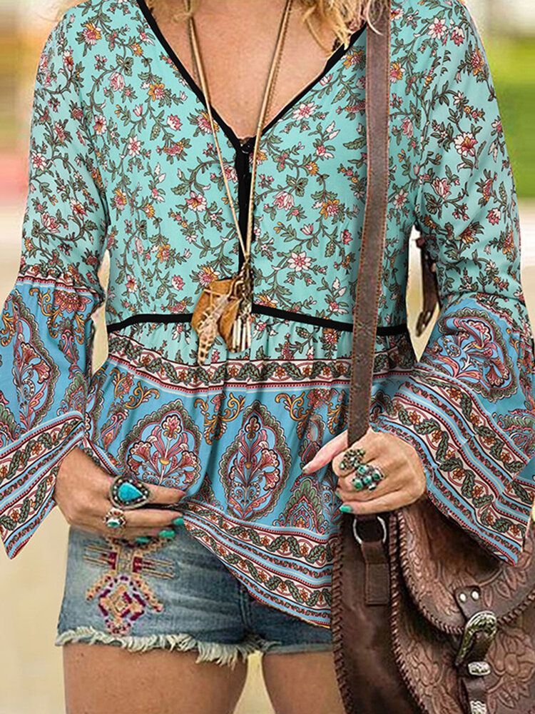 Kobiety Bohemian Retro Floral Print V-neck Kolano Długość Casual Bluzki