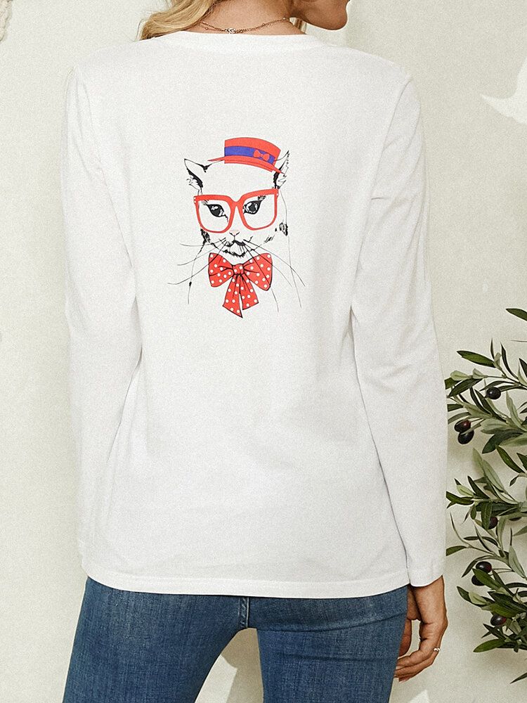 Kobiety Cartoon Cat Print Okrągły Dekolt Casual Bluzki Z Długim Rękawem