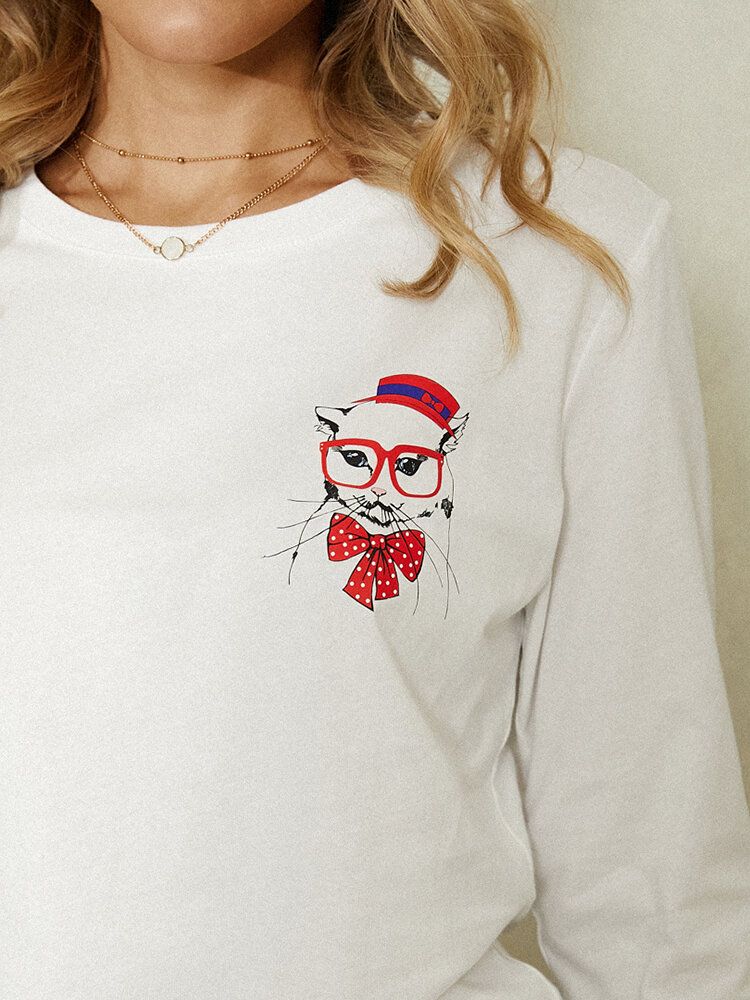 Kobiety Cartoon Cat Print Okrągły Dekolt Casual Bluzki Z Długim Rękawem